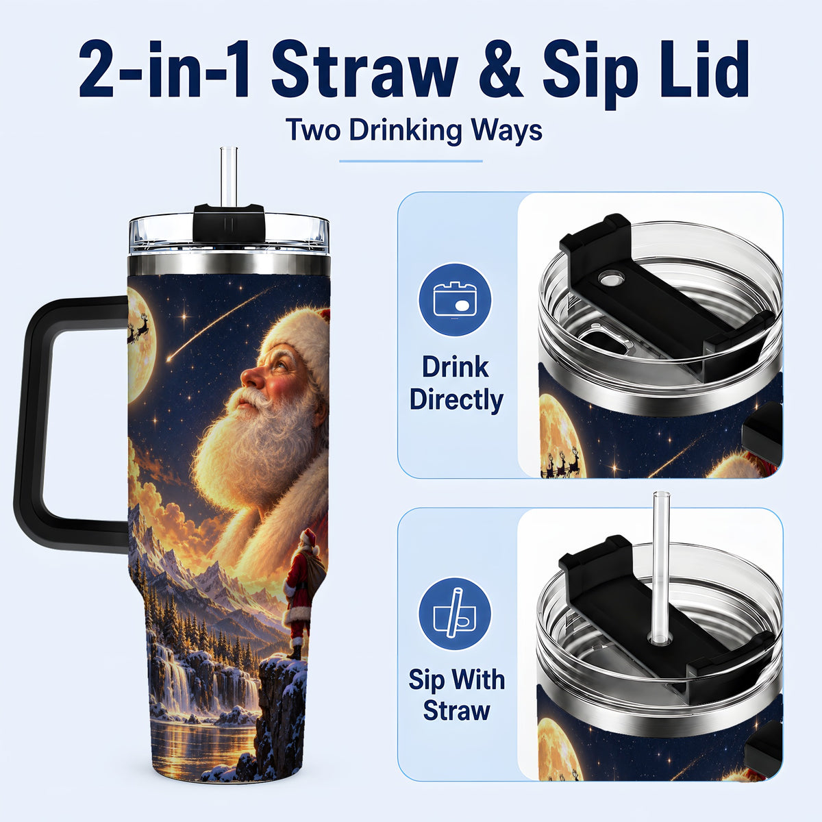 #pl[40oz|Black] Santa Moon 40oz Tumbler with Handle, Winter Landscape Travel Cup