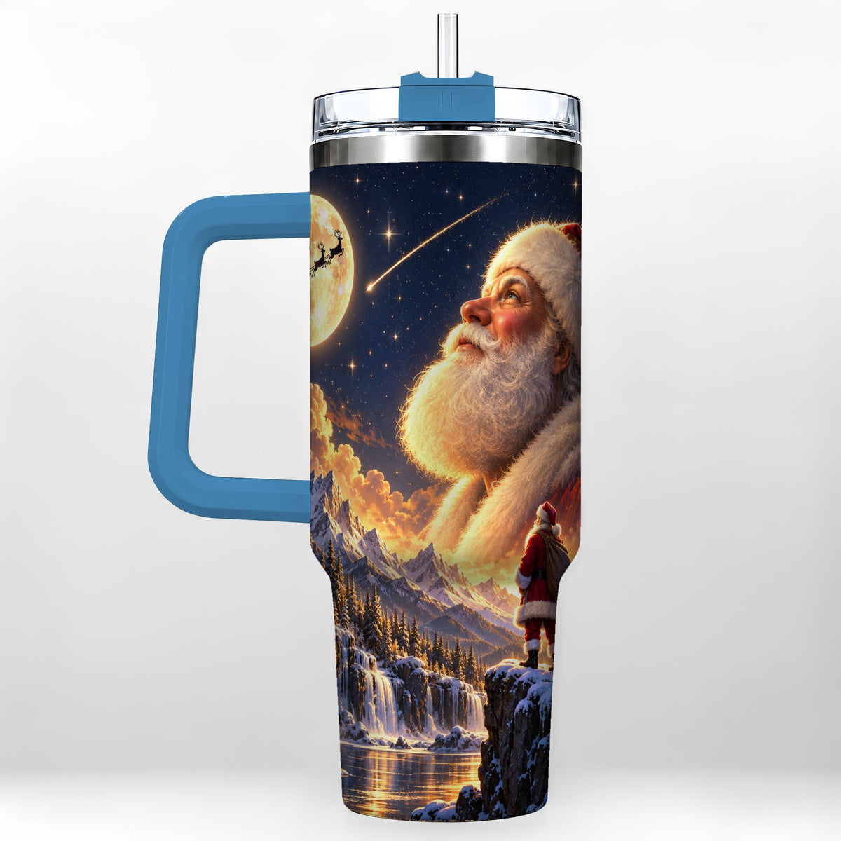 #pl[40oz|Blue] Santa Moon 40oz Tumbler with Handle, Winter Landscape Travel Cup