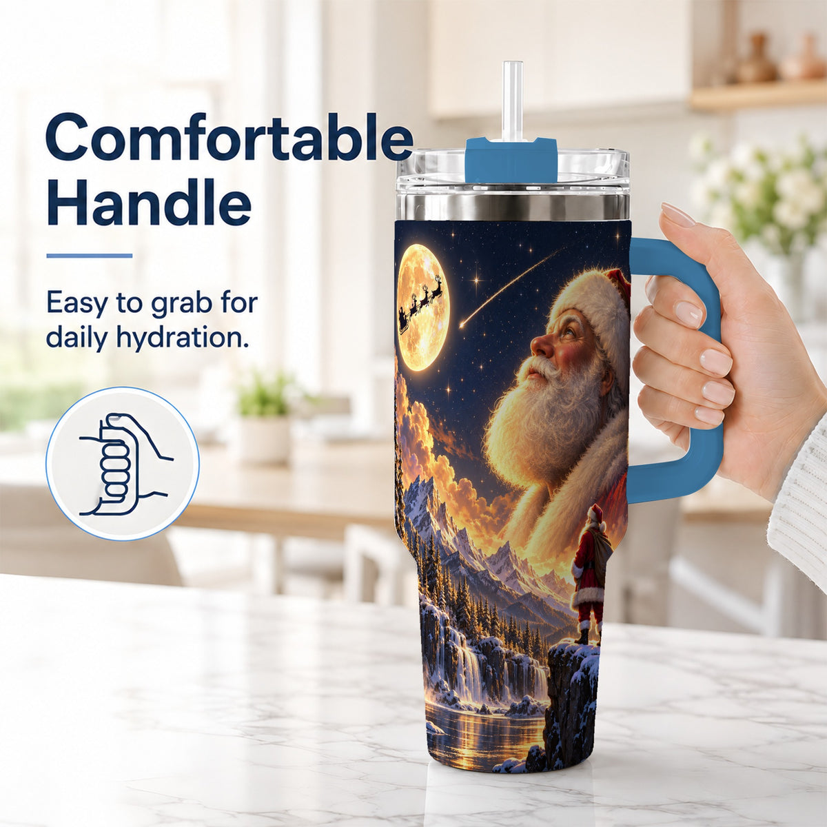 #pl[40oz|Blue] Santa Moon 40oz Tumbler with Handle, Winter Landscape Travel Cup