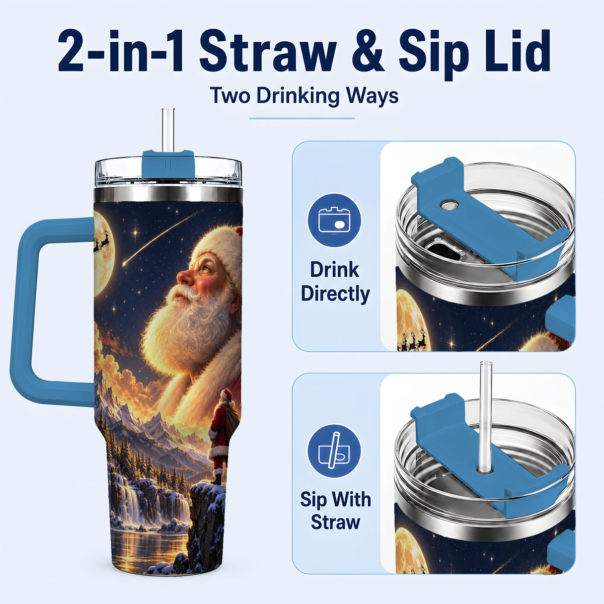 #pl[40oz|Blue] Santa Moon 40oz Tumbler with Handle, Winter Landscape Travel Cup