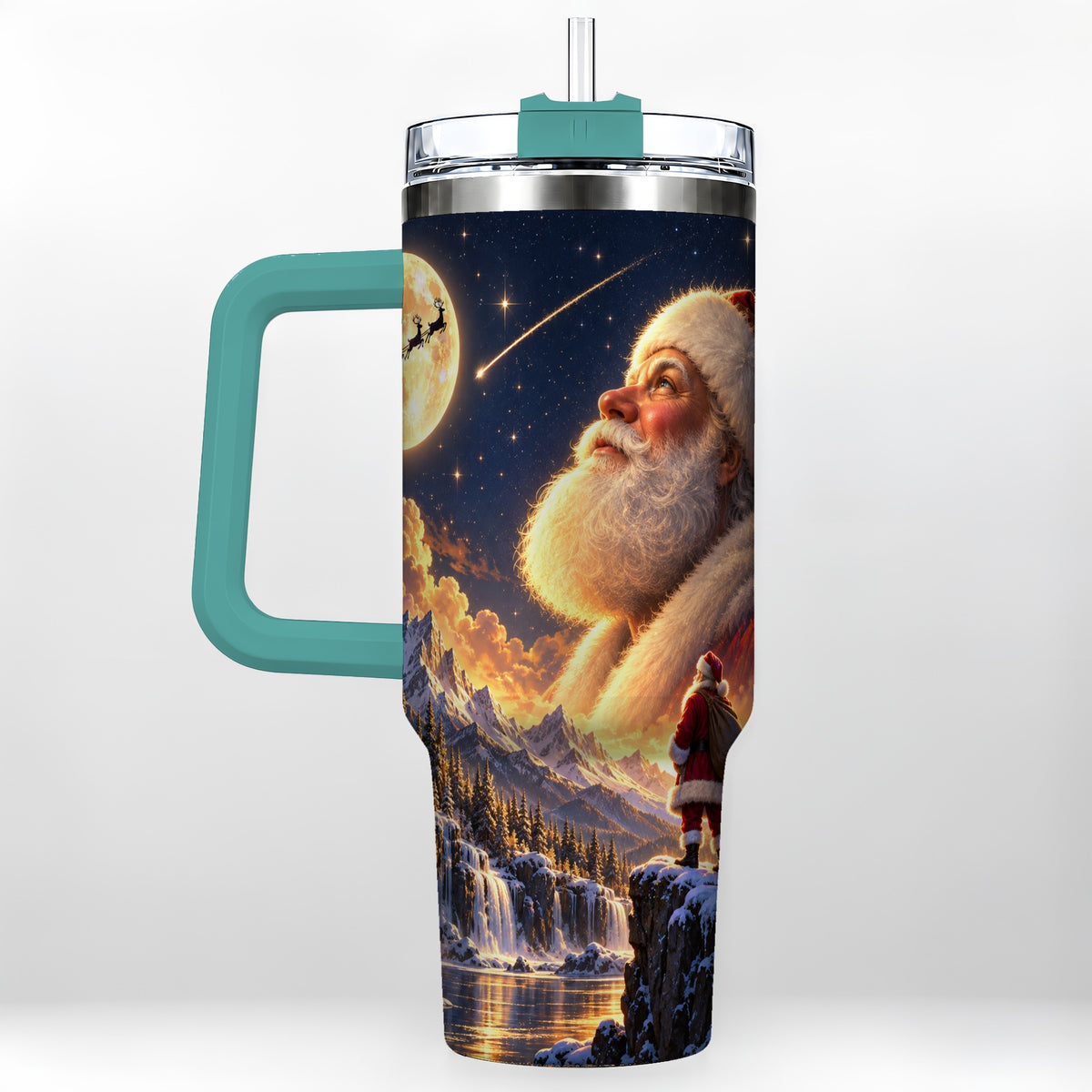 #pl[40oz|Green] Santa Moon 40oz Tumbler with Handle, Winter Landscape Travel Cup
