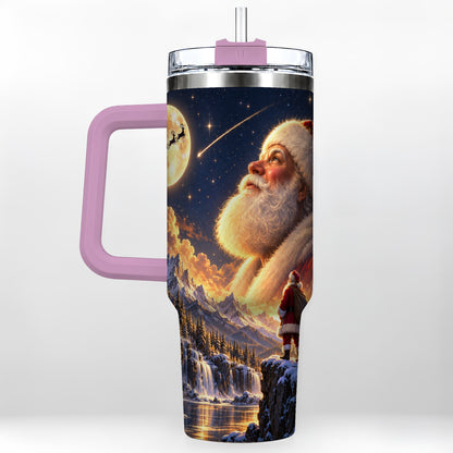 #pl[40oz|Pink] Santa Moon 40oz Tumbler with Handle, Winter Landscape Travel Cup
