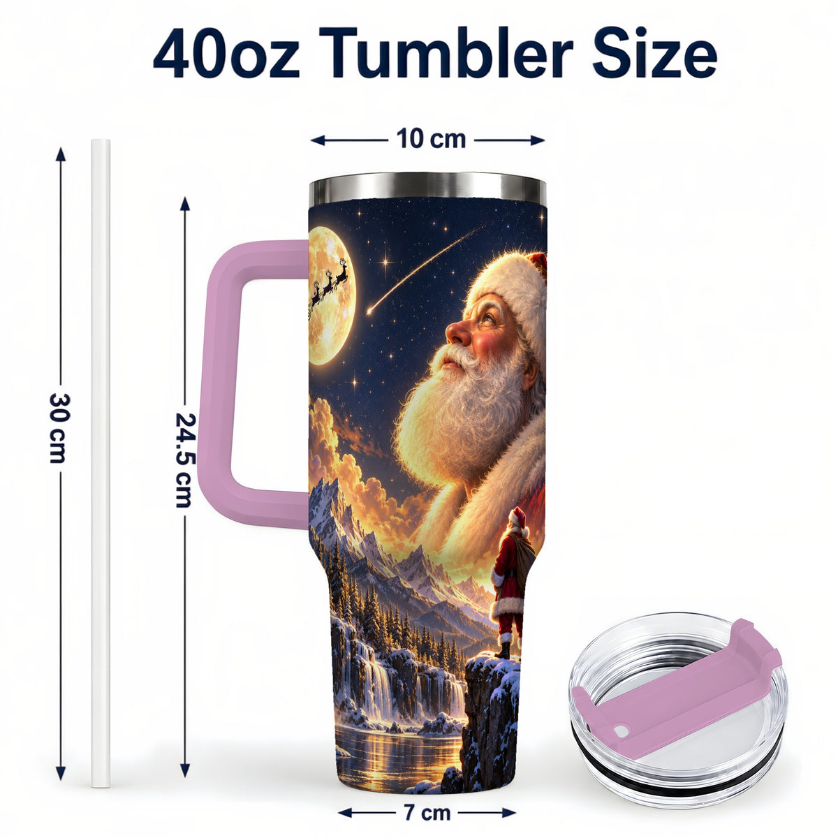 #pl[40oz|Pink] Santa Moon 40oz Tumbler with Handle, Winter Landscape Travel Cup