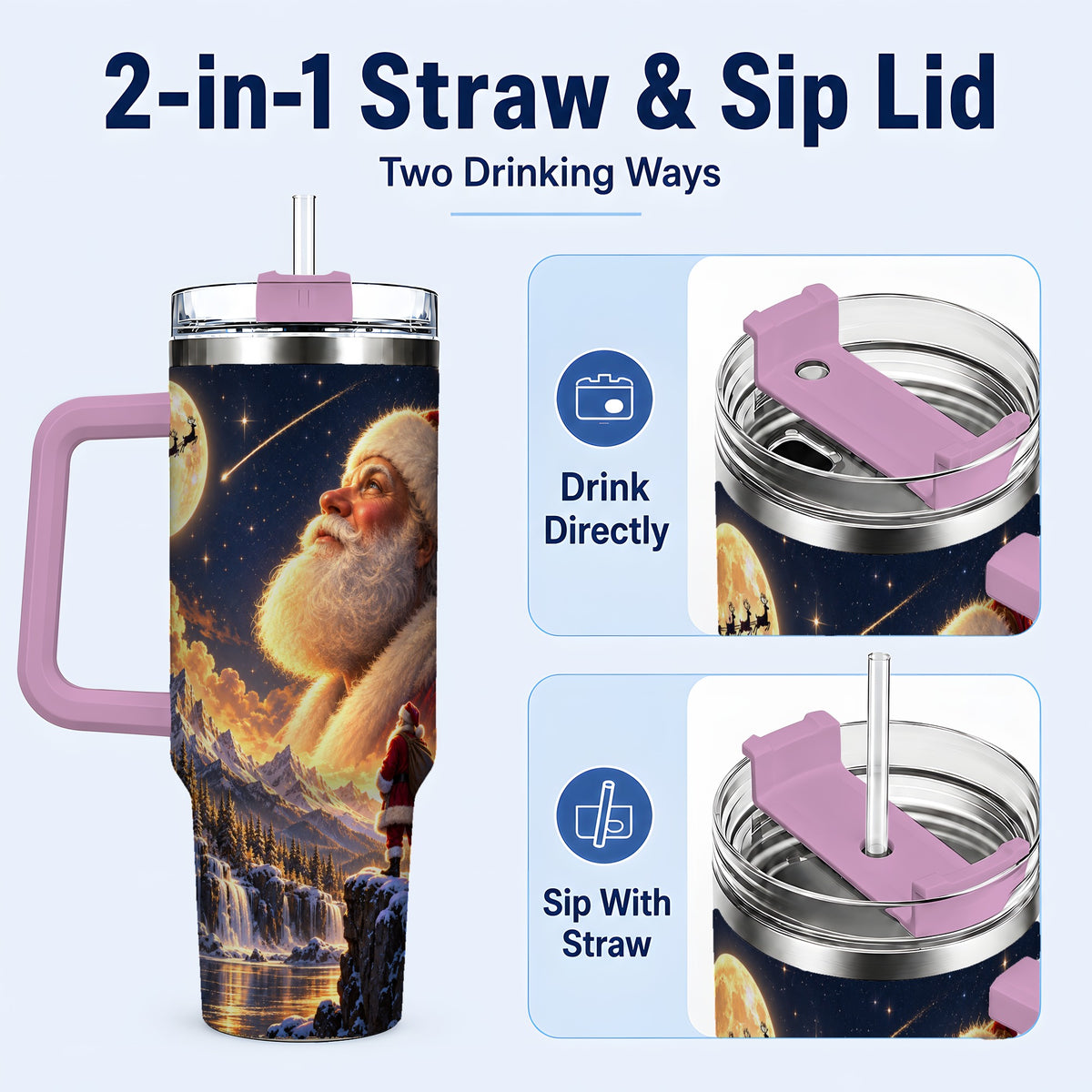 #pl[40oz|Pink] Santa Moon 40oz Tumbler with Handle, Winter Landscape Travel Cup