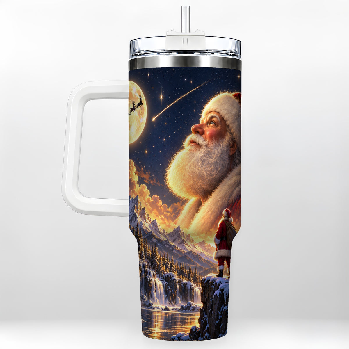 Santa Moon 40oz Tumbler with Handle, Winter Landscape Travel Cup