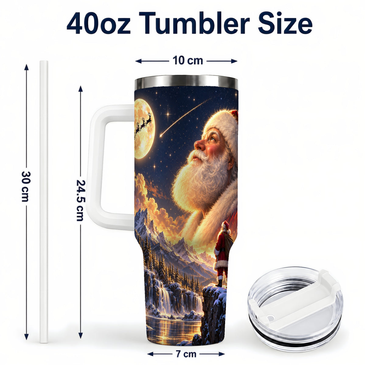 #pl[40oz|White] Santa Moon 40oz Tumbler with Handle, Winter Landscape Travel Cup