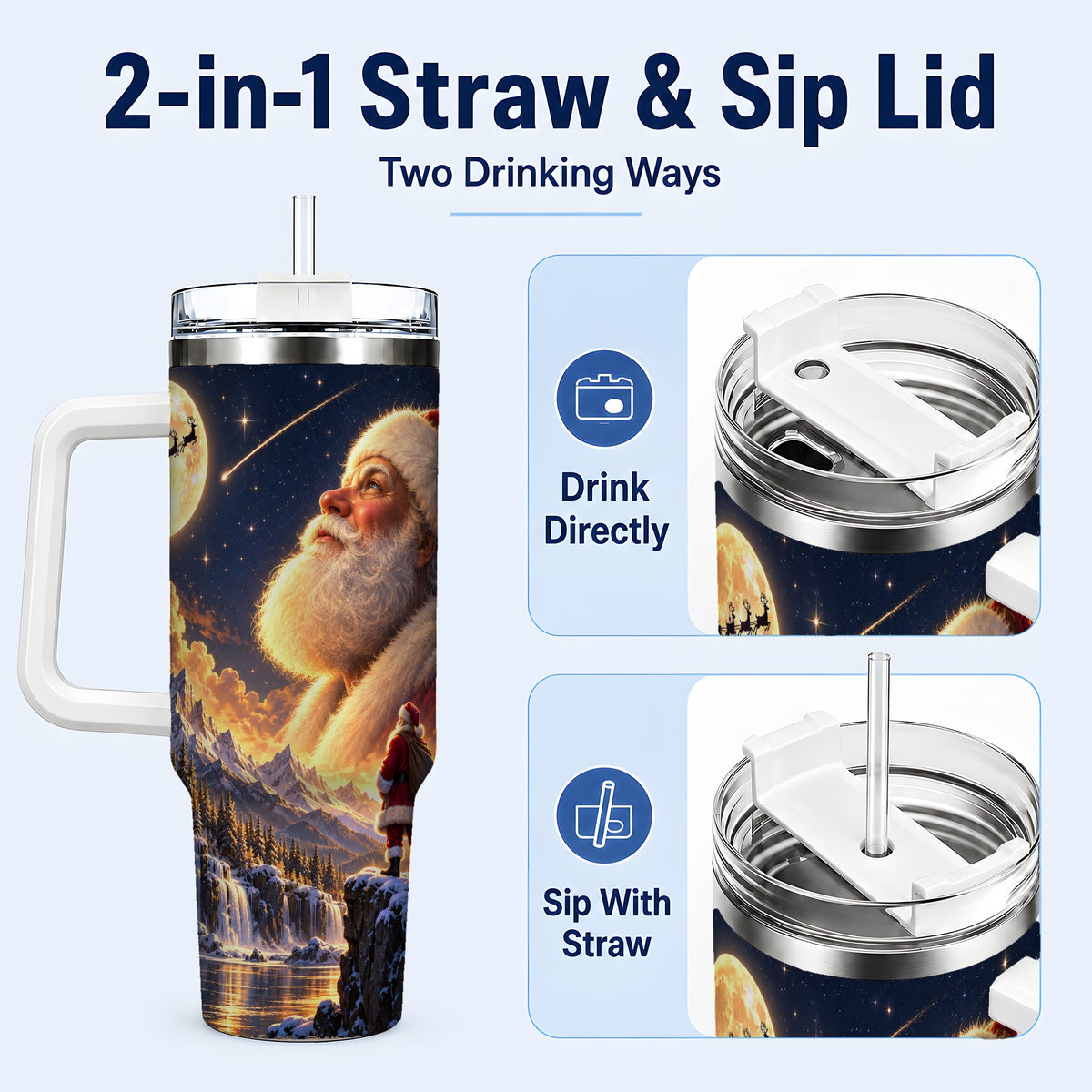 #pl[40oz|White] Santa Moon 40oz Tumbler with Handle, Winter Landscape Travel Cup