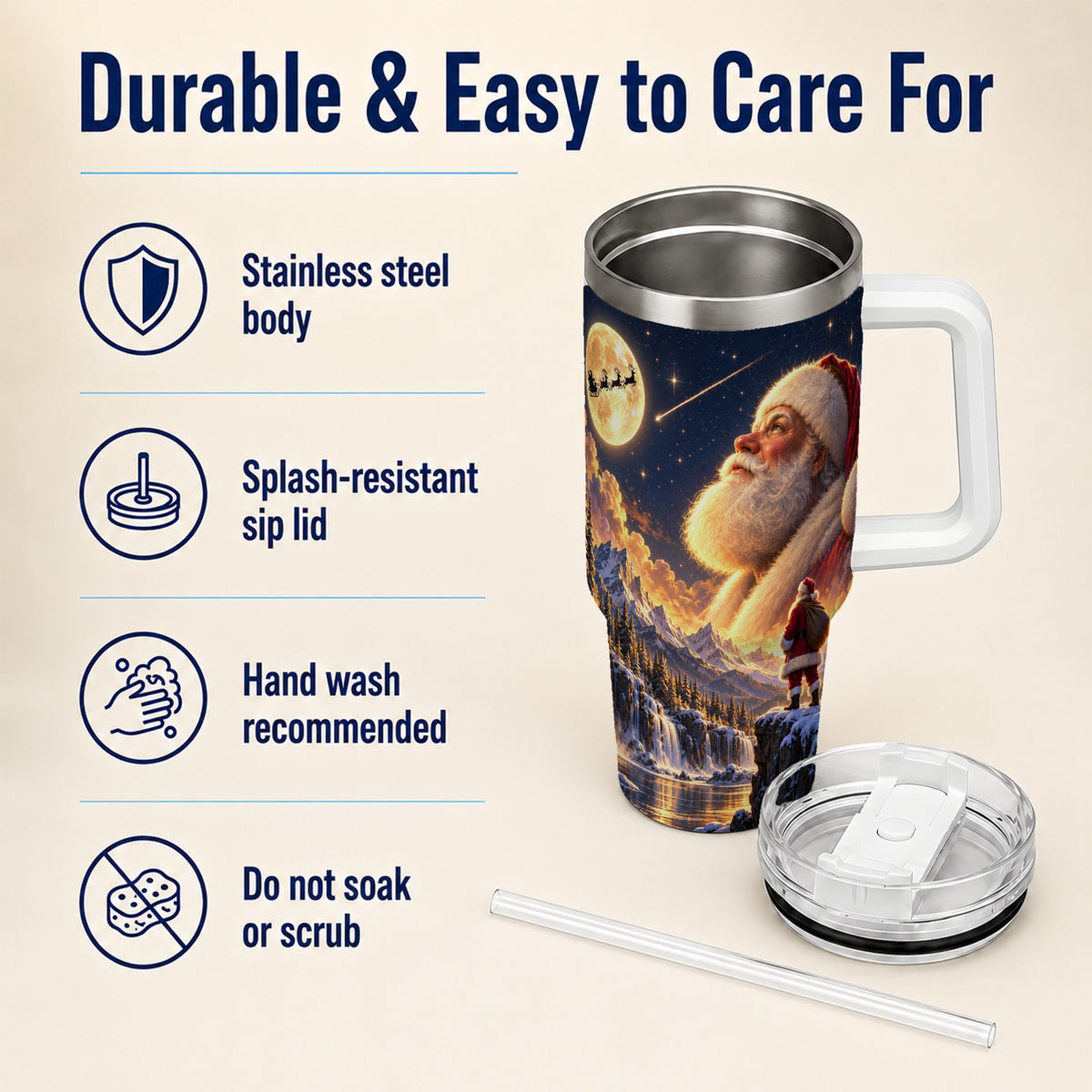 Santa Moon 40oz Tumbler with Handle, Winter Landscape Travel Cup