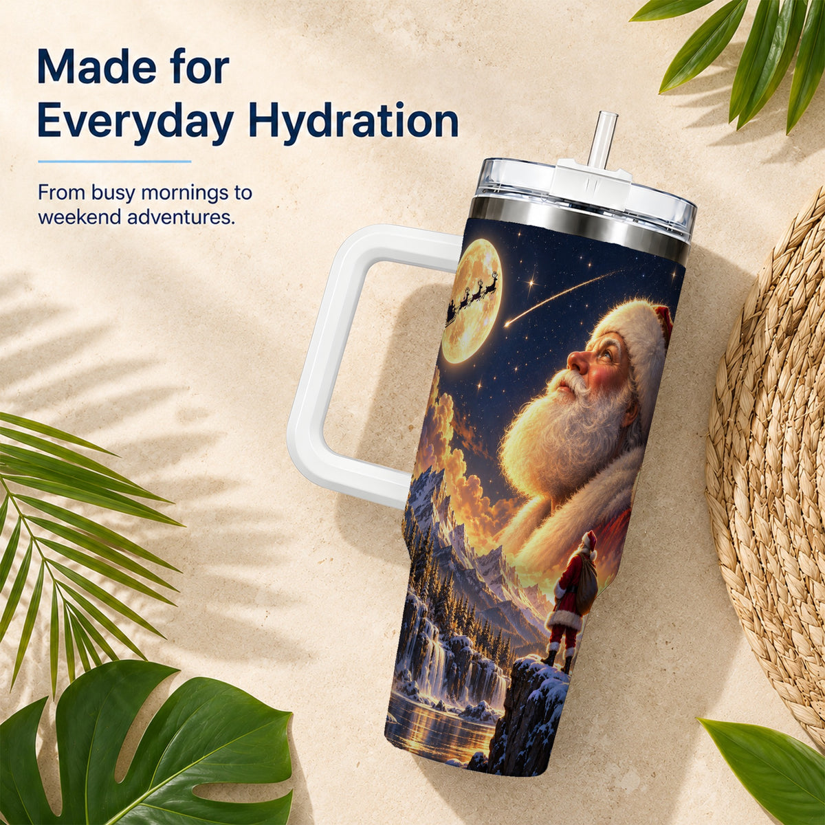 Santa Moon 40oz Tumbler with Handle, Winter Landscape Travel Cup
