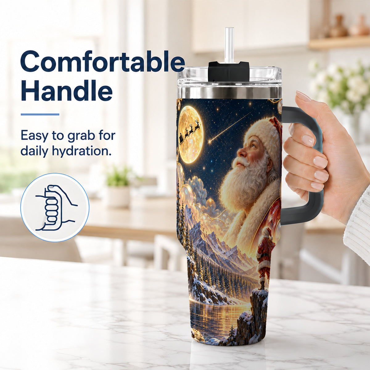 #pl[40oz|Black] Santa Winter 40oz Tumbler with Handle, Mountain Night Travel Cup