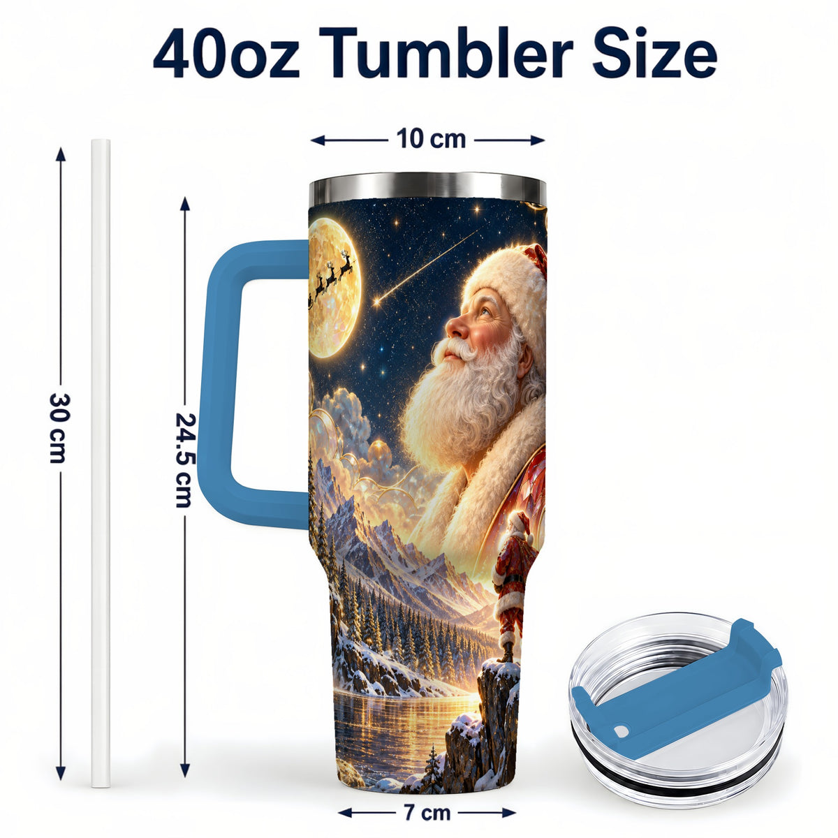 #pl[40oz|Blue] Santa Winter 40oz Tumbler with Handle, Mountain Night Travel Cup
