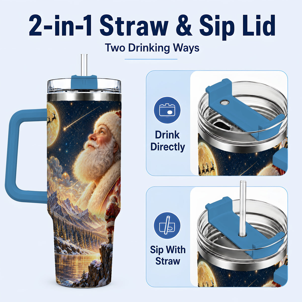 #pl[40oz|Blue] Santa Winter 40oz Tumbler with Handle, Mountain Night Travel Cup