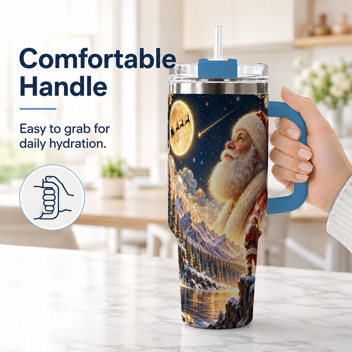 #pl[40oz|Blue] Santa Winter 40oz Tumbler with Handle, Mountain Night Travel Cup