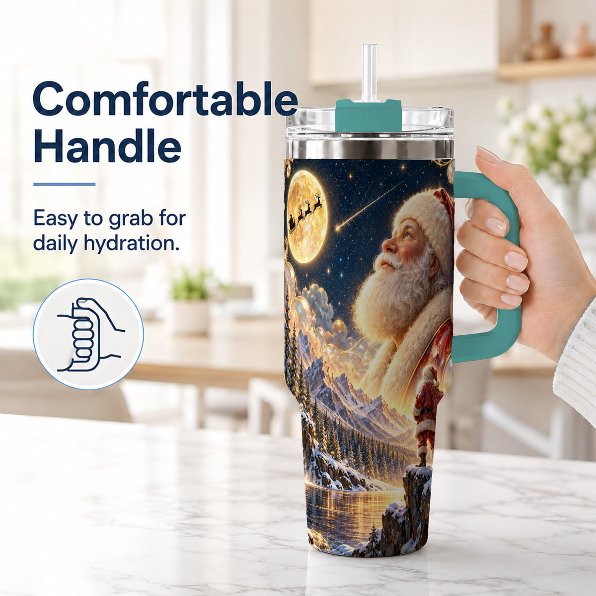 #pl[40oz|Green] Santa Winter 40oz Tumbler with Handle, Mountain Night Travel Cup