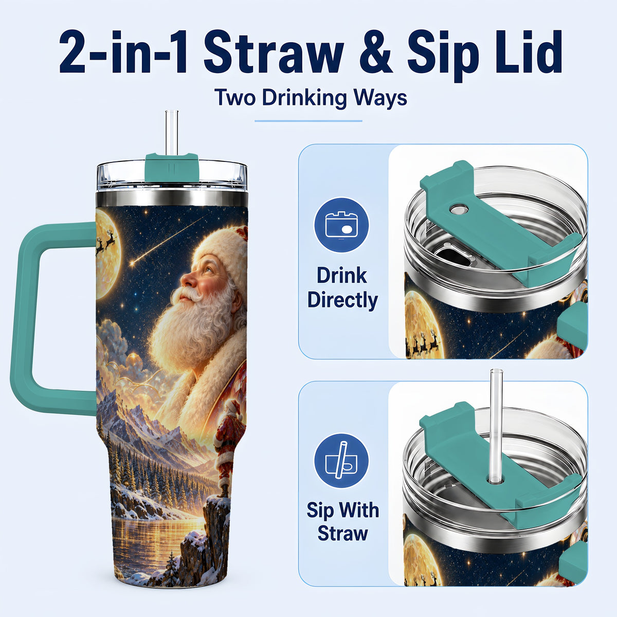 #pl[40oz|Green] Santa Winter 40oz Tumbler with Handle, Mountain Night Travel Cup