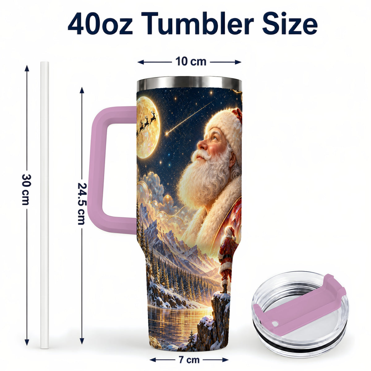 #pl[40oz|Pink] Santa Winter 40oz Tumbler with Handle, Mountain Night Travel Cup
