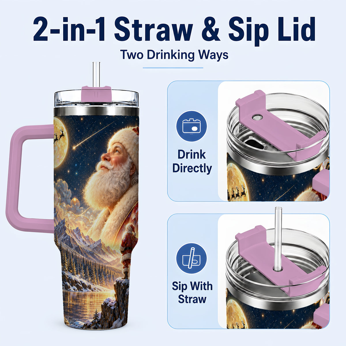 #pl[40oz|Pink] Santa Winter 40oz Tumbler with Handle, Mountain Night Travel Cup