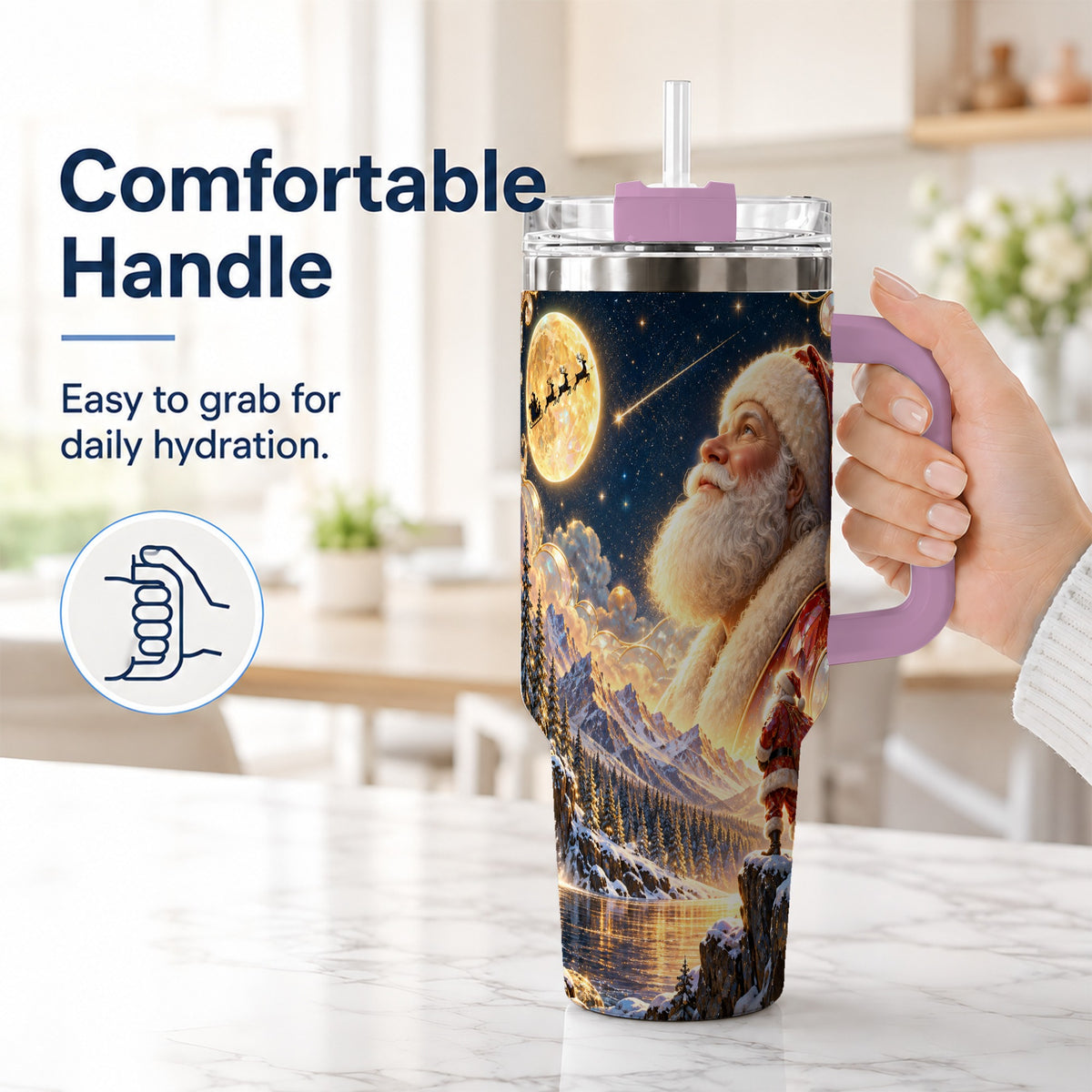 #pl[40oz|Pink] Santa Winter 40oz Tumbler with Handle, Mountain Night Travel Cup
