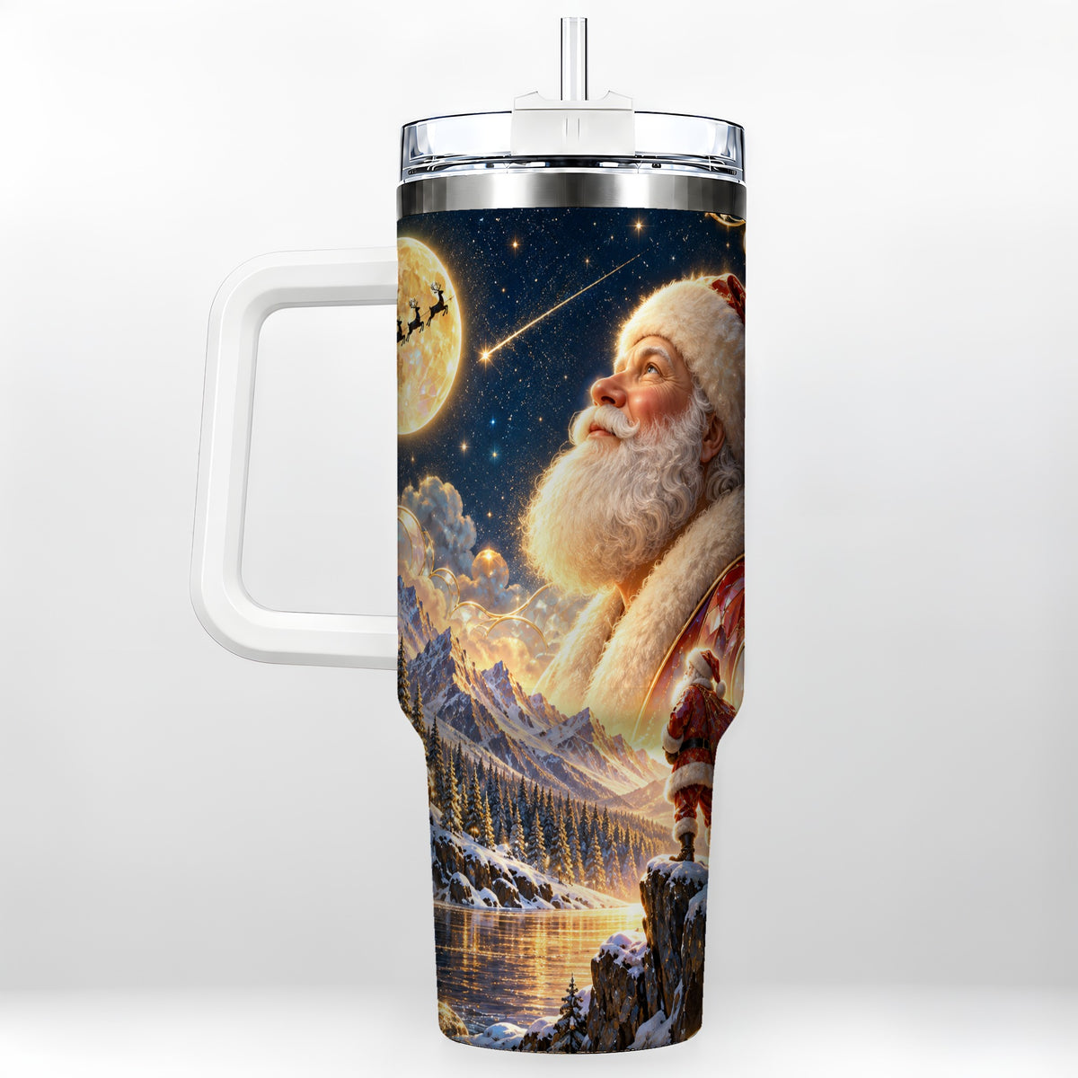 Santa Winter 40oz Tumbler with Handle, Mountain Night Travel Cup
