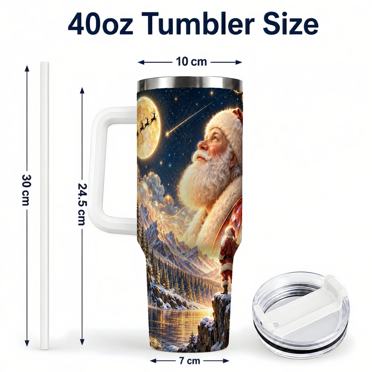 #pl[40oz|White] Santa Winter 40oz Tumbler with Handle, Mountain Night Travel Cup
