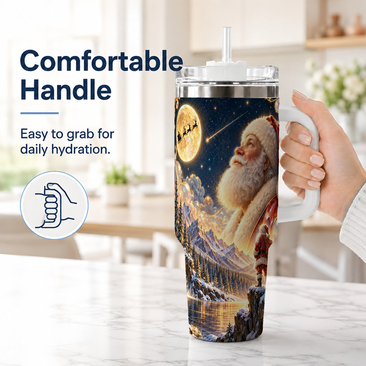 #pl[40oz|White] Santa Winter 40oz Tumbler with Handle, Mountain Night Travel Cup