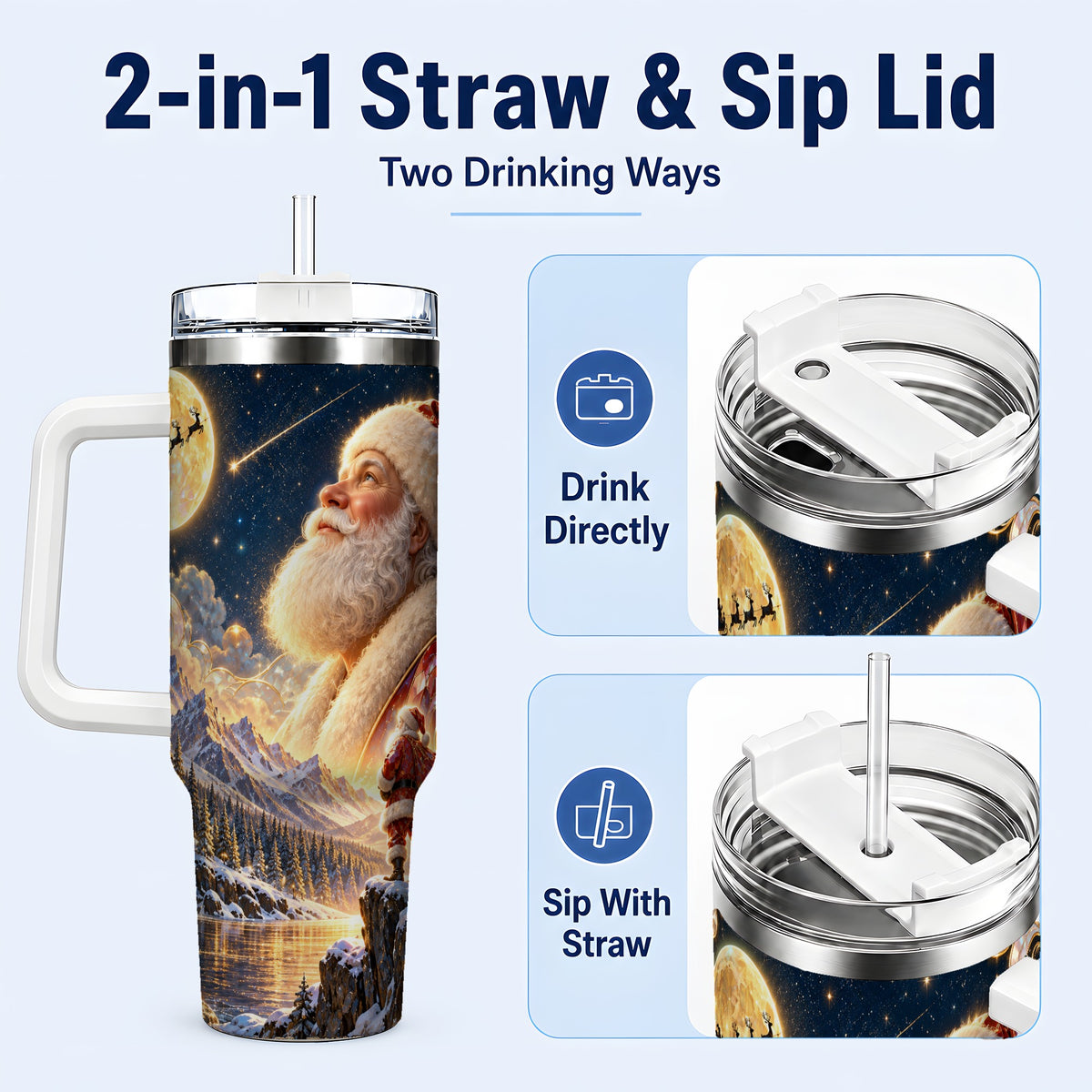 #pl[40oz|White] Santa Winter 40oz Tumbler with Handle, Mountain Night Travel Cup
