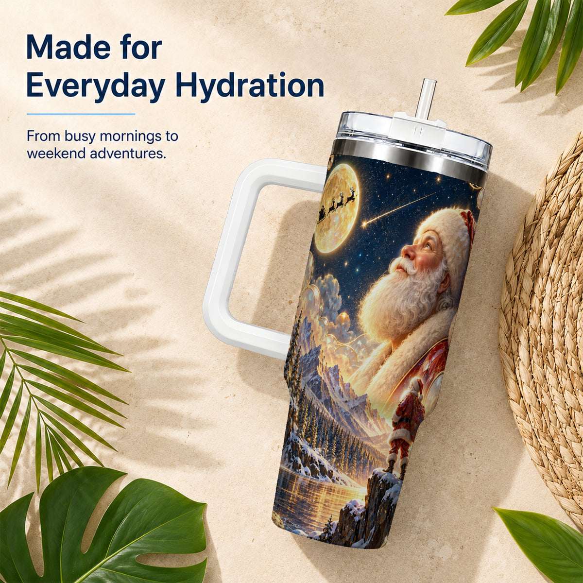 Santa Winter 40oz Tumbler with Handle, Mountain Night Travel Cup