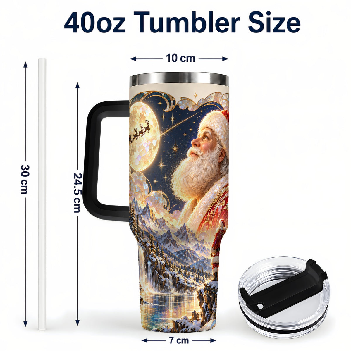 #pl[40oz|Black] Santa Moon 40oz Tumbler with Handle, Christmas Night Travel Cup