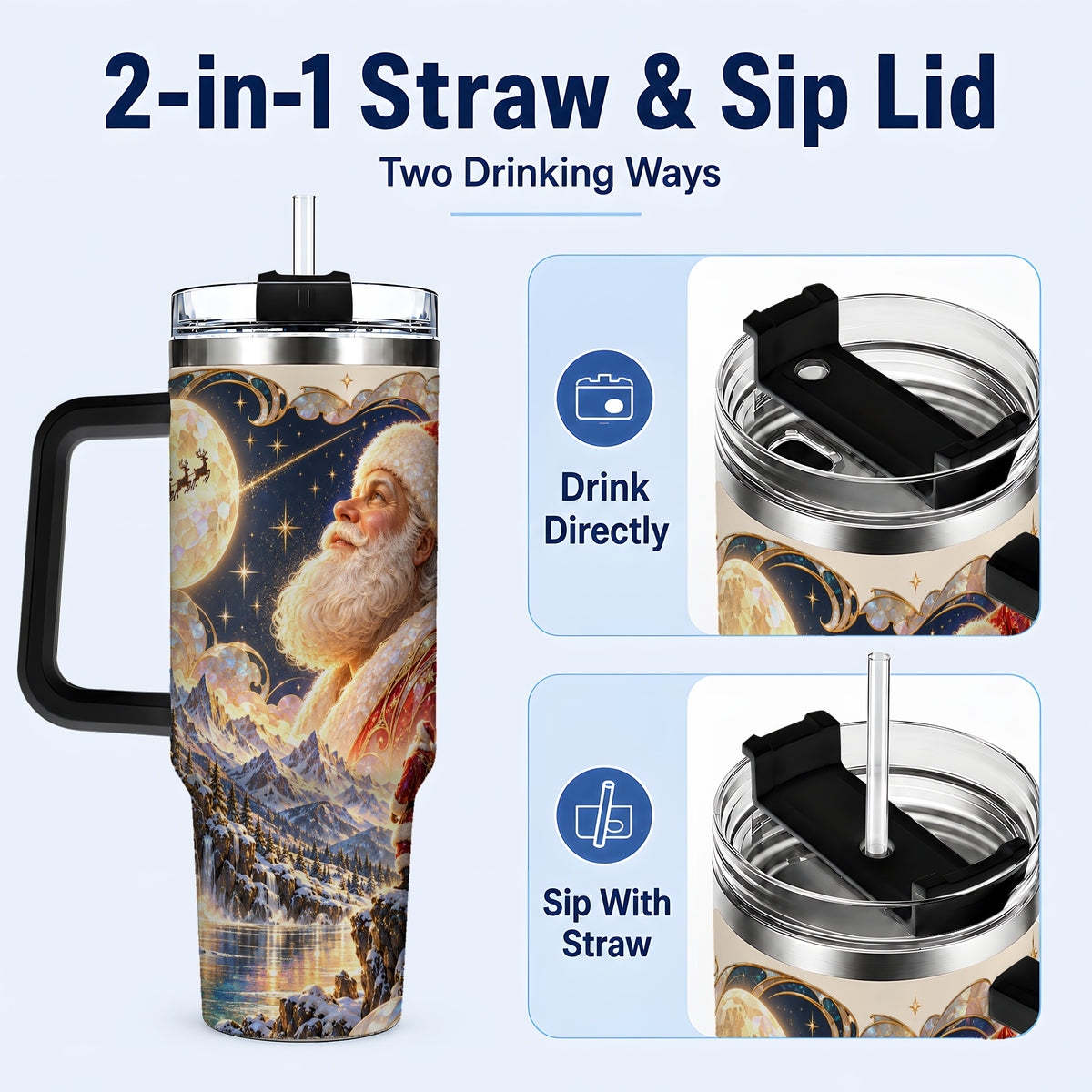#pl[40oz|Black] Santa Moon 40oz Tumbler with Handle, Christmas Night Travel Cup