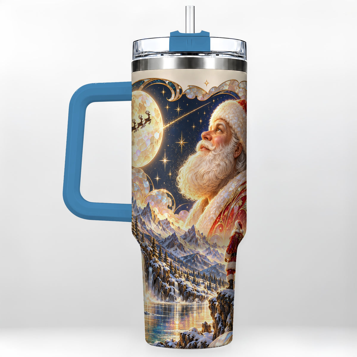 #pl[40oz|Blue] Santa Moon 40oz Tumbler with Handle, Christmas Night Travel Cup