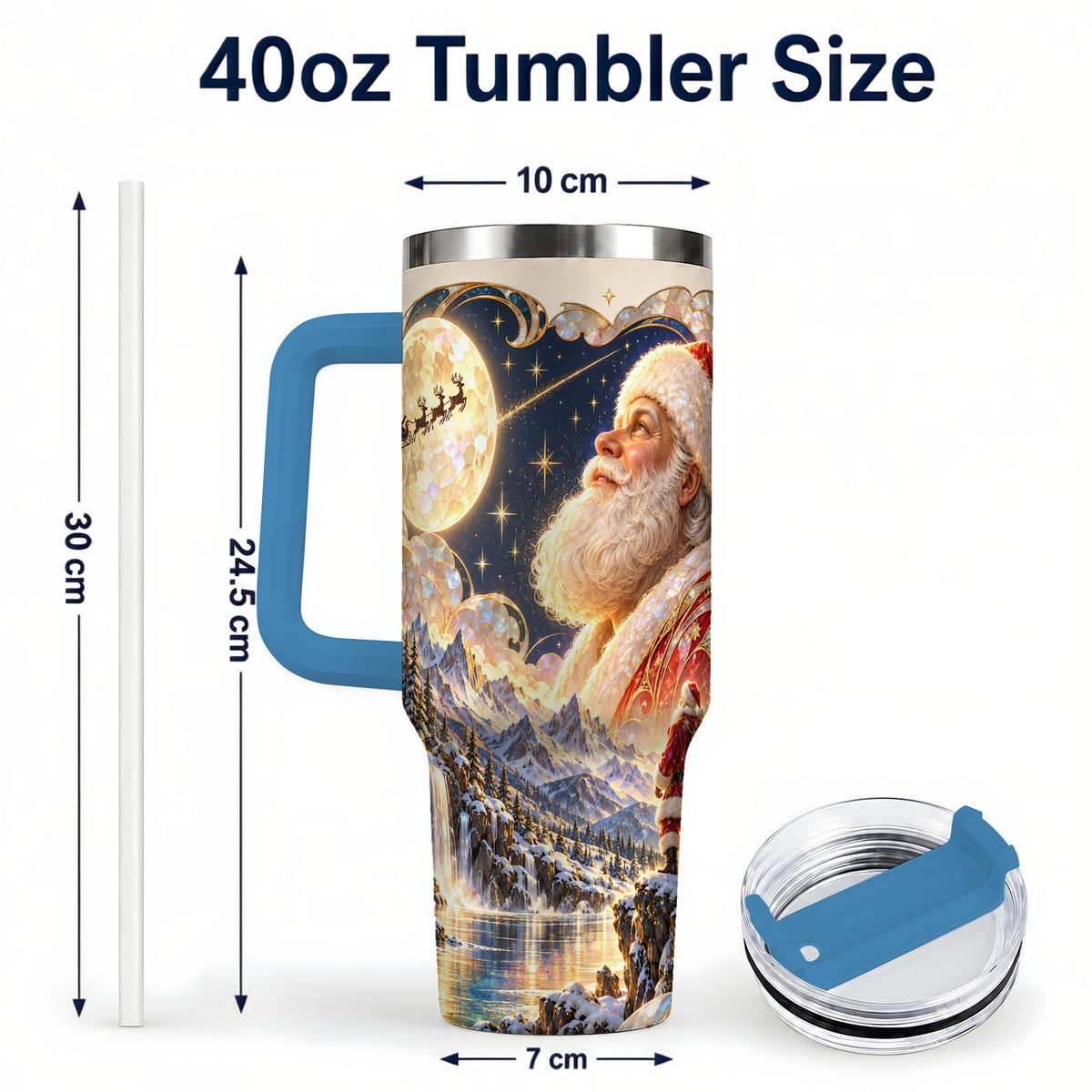 #pl[40oz|Blue] Santa Moon 40oz Tumbler with Handle, Christmas Night Travel Cup