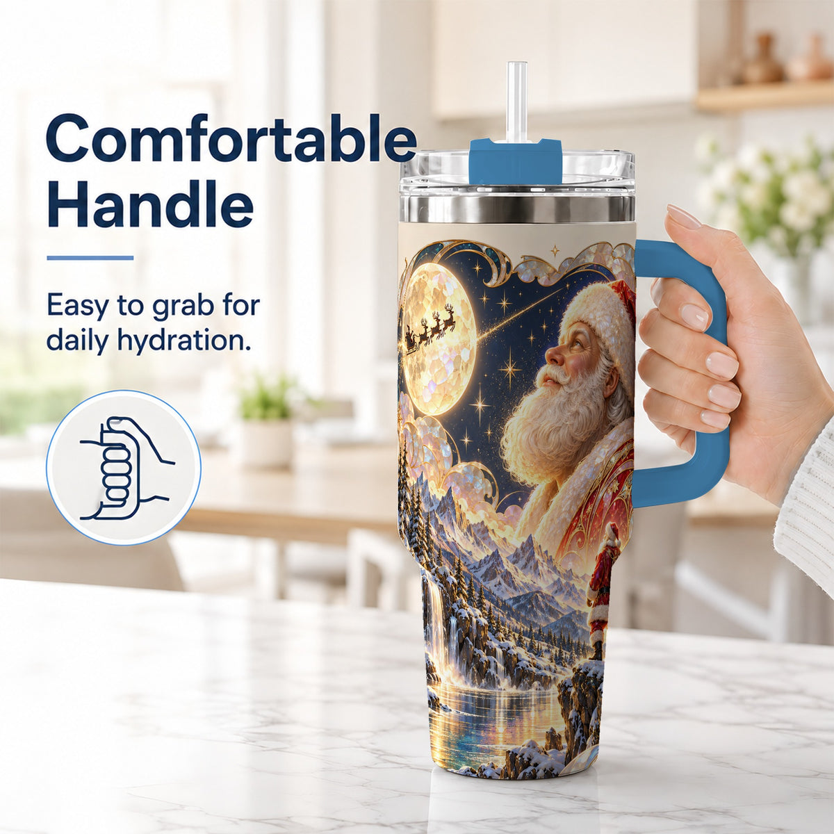 #pl[40oz|Blue] Santa Moon 40oz Tumbler with Handle, Christmas Night Travel Cup