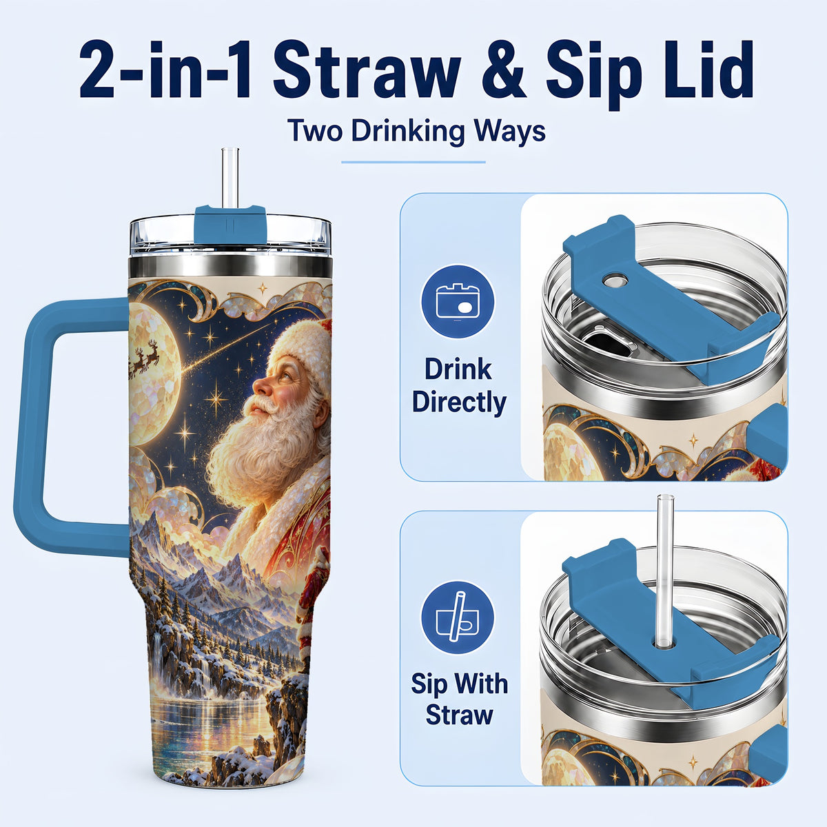 #pl[40oz|Blue] Santa Moon 40oz Tumbler with Handle, Christmas Night Travel Cup