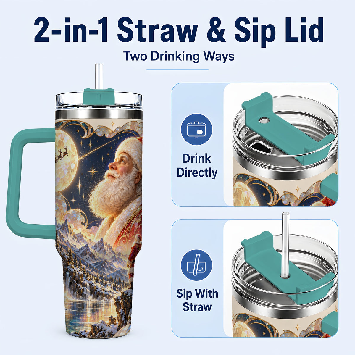 #pl[40oz|Green] Santa Moon 40oz Tumbler with Handle, Christmas Night Travel Cup