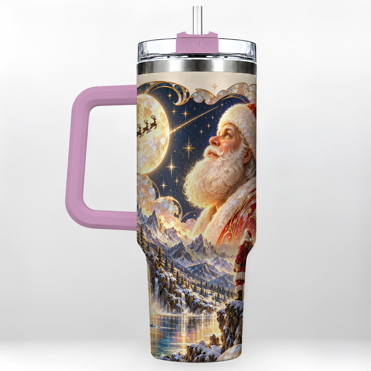 #pl[40oz|Pink] Santa Moon 40oz Tumbler with Handle, Christmas Night Travel Cup