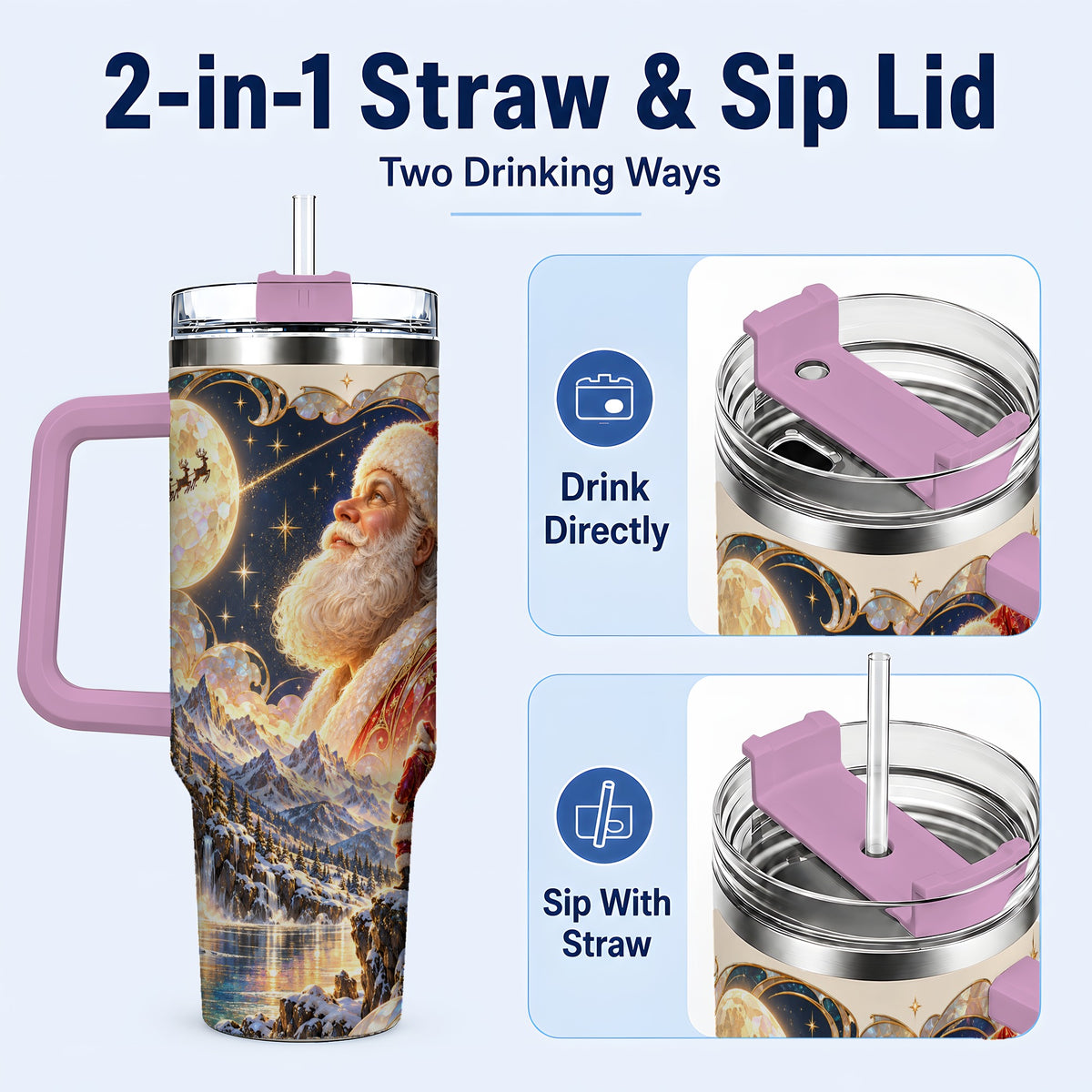 #pl[40oz|Pink] Santa Moon 40oz Tumbler with Handle, Christmas Night Travel Cup