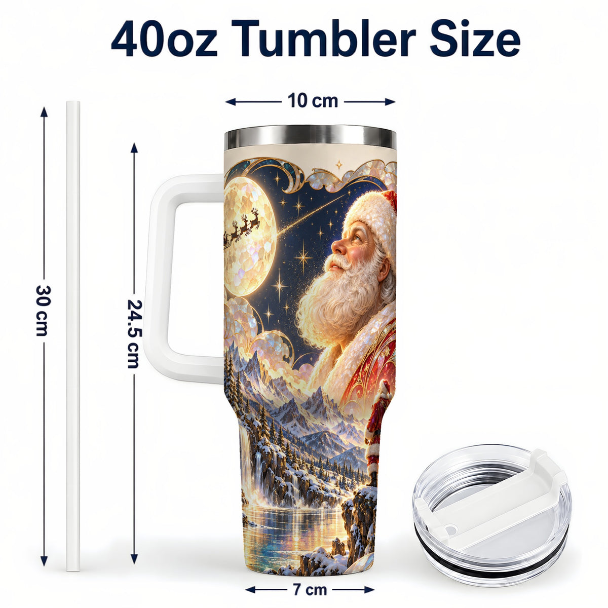 #pl[40oz|White] Santa Moon 40oz Tumbler with Handle, Christmas Night Travel Cup