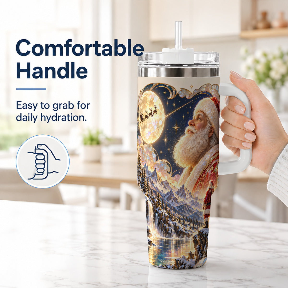 #pl[40oz|White] Santa Moon 40oz Tumbler with Handle, Christmas Night Travel Cup