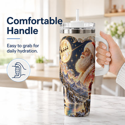 #pl[40oz|White] Santa Moon 40oz Tumbler with Handle, Christmas Night Travel Cup