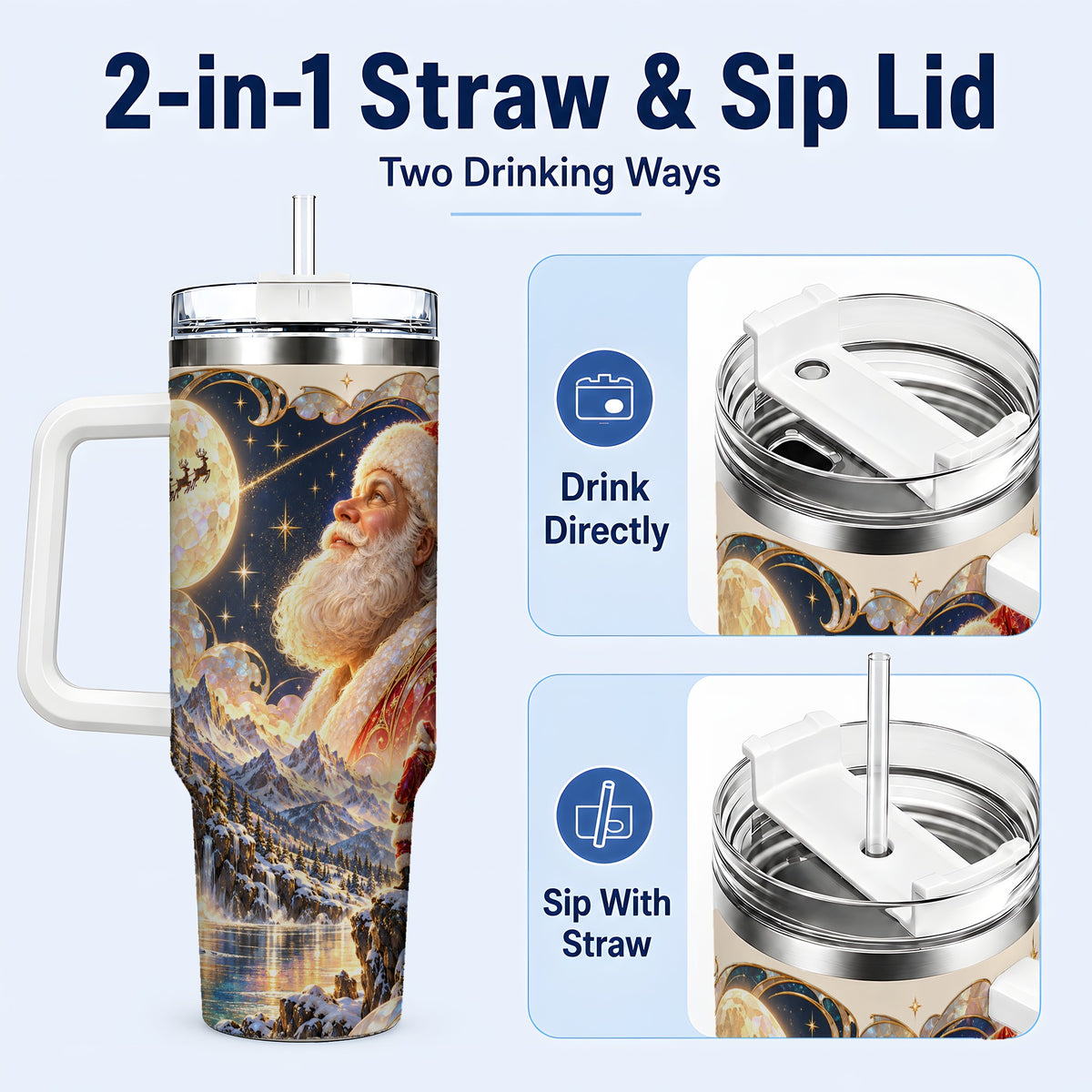 #pl[40oz|White] Santa Moon 40oz Tumbler with Handle, Christmas Night Travel Cup