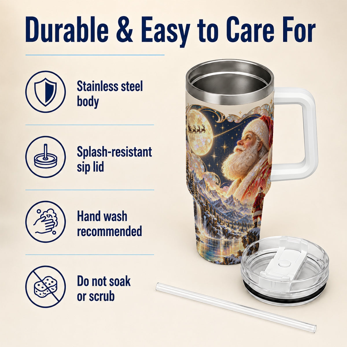 Santa Moon 40oz Tumbler with Handle, Christmas Night Travel Cup