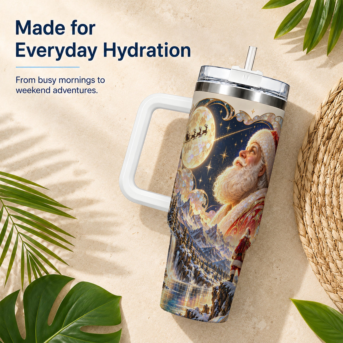 Santa Moon 40oz Tumbler with Handle, Christmas Night Travel Cup