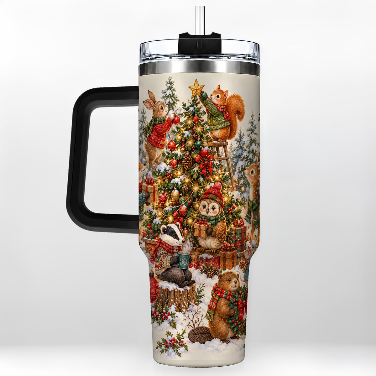 #pl[40oz|Black] Woodland Christmas 40oz Tumbler with Handle, Forest Animal Travel Cup