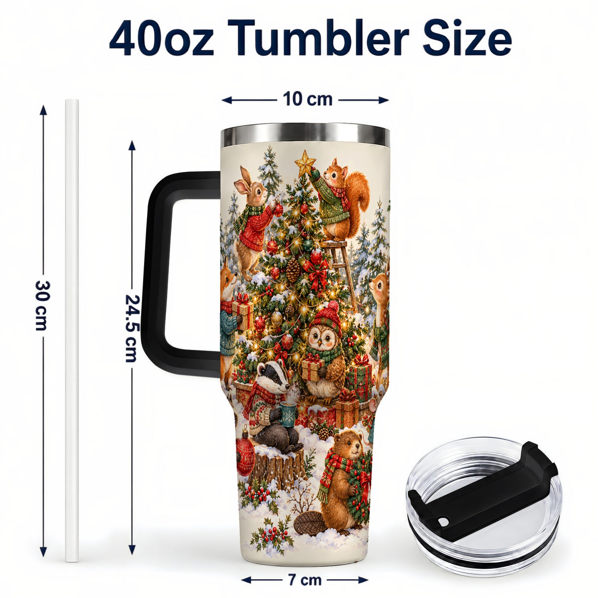#pl[40oz|Black] Woodland Christmas 40oz Tumbler with Handle, Forest Animal Travel Cup