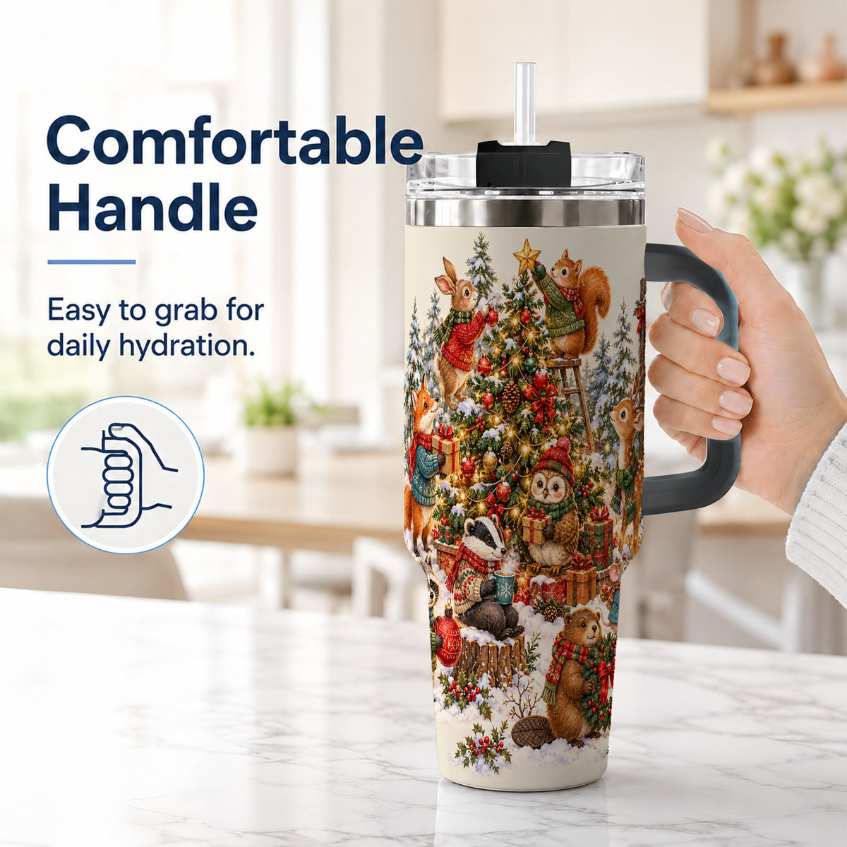 #pl[40oz|Black] Woodland Christmas 40oz Tumbler with Handle, Forest Animal Travel Cup