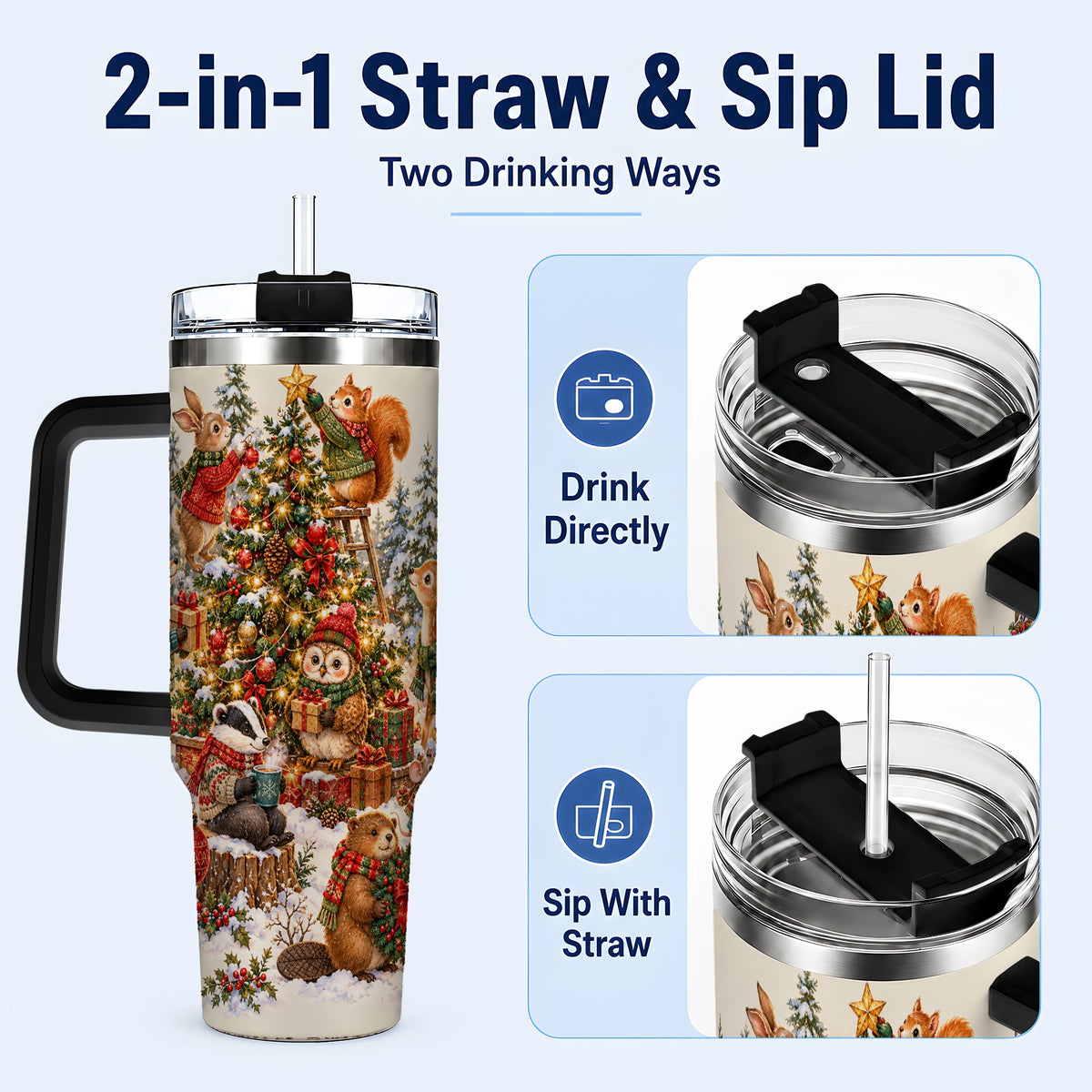 #pl[40oz|Black] Woodland Christmas 40oz Tumbler with Handle, Forest Animal Travel Cup