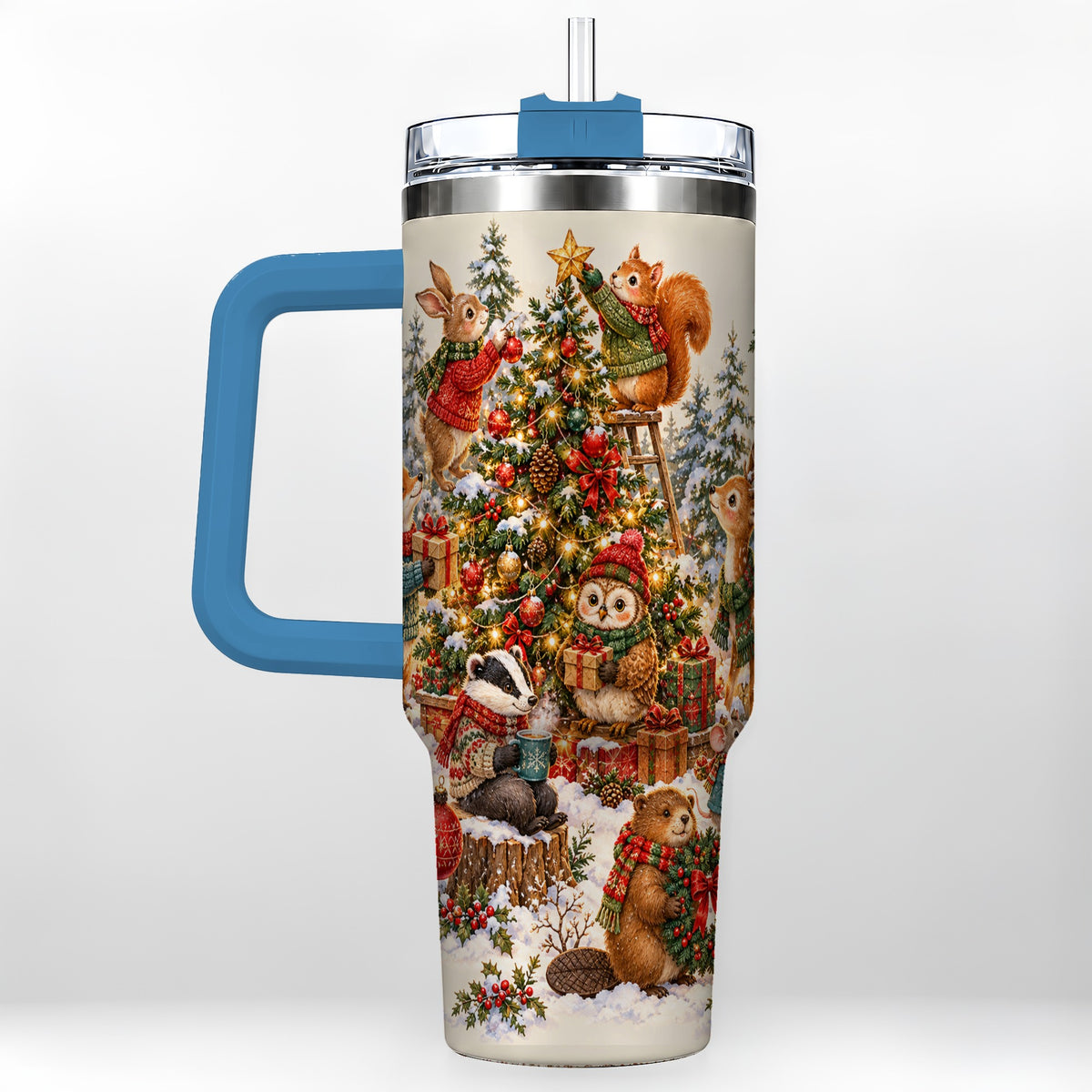 #pl[40oz|Blue] Woodland Christmas 40oz Tumbler with Handle, Forest Animal Travel Cup
