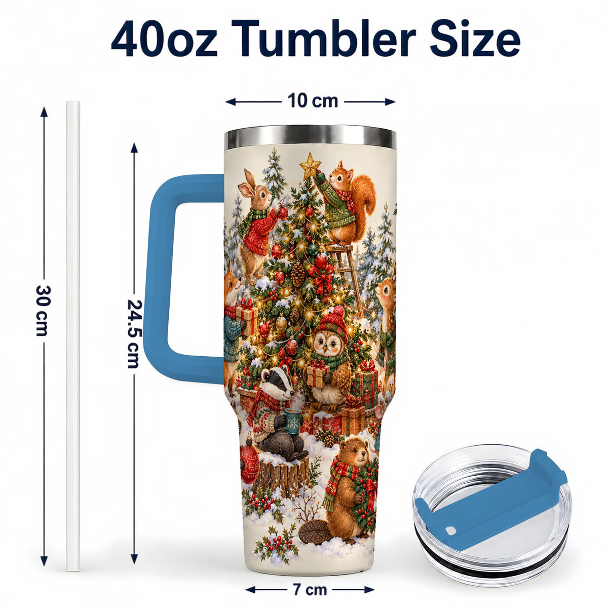 #pl[40oz|Blue] Woodland Christmas 40oz Tumbler with Handle, Forest Animal Travel Cup