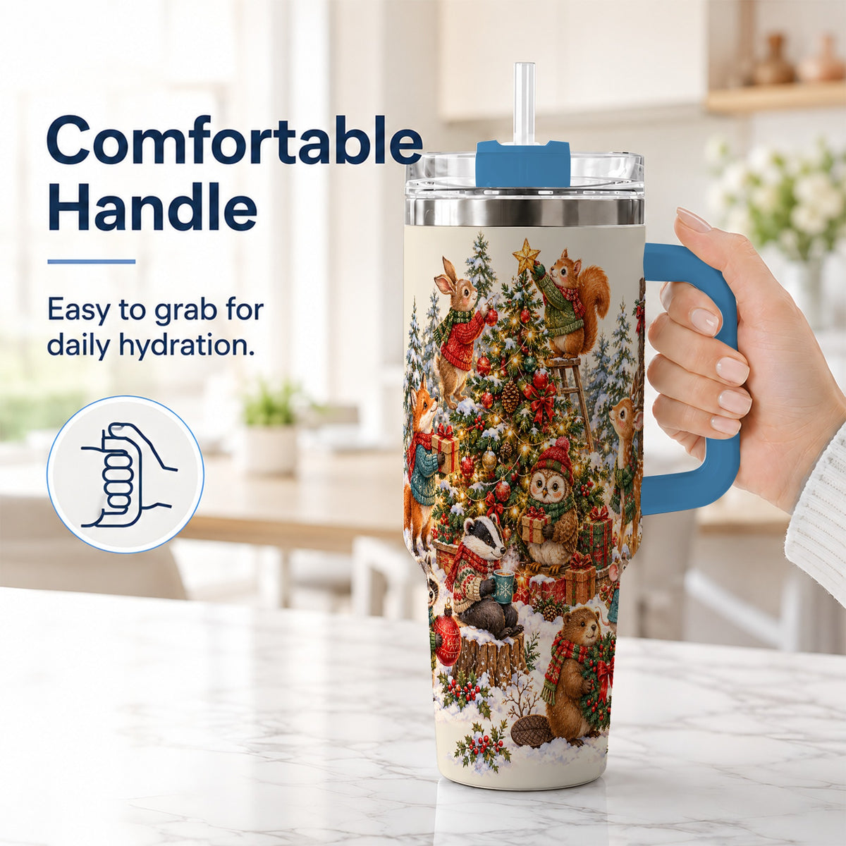 #pl[40oz|Blue] Woodland Christmas 40oz Tumbler with Handle, Forest Animal Travel Cup