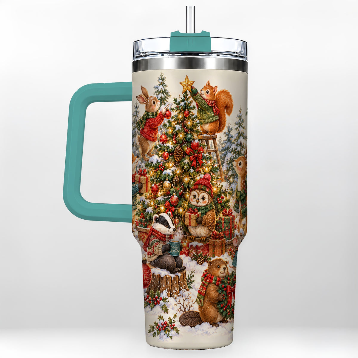 #pl[40oz|Green] Woodland Christmas 40oz Tumbler with Handle, Forest Animal Travel Cup
